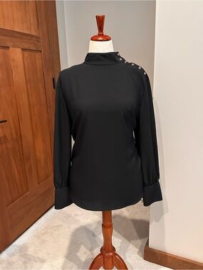 Ann Taylor Black Mock Neck Blouse with Shoulder Buttons